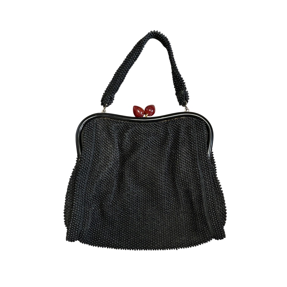 Vintage Black Corde Beaded Handbag Red Cherry Kiss Lock Mid-Century Evening Bag